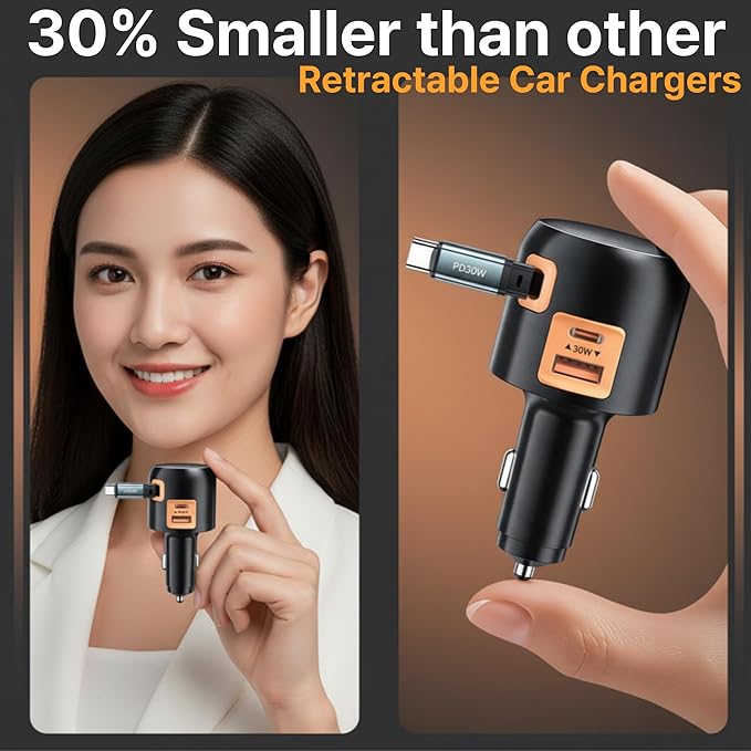 60W Retractable Car Charger, 3-in-1 USB-C Fast Charging Cigarette Lighter Adapter with Built-in Retractable Cable, Compatible with iPhone 16/15 Pro Max, Galaxy S25, iPad – Orange
