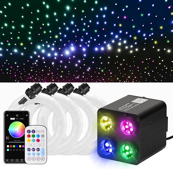 36W 4-Color RGBW Car Starlight Headliner Kit, 500pcs0.03in9.8ft, Twinkle & Sound Activate 4-Port Fiber Optic Light Engine with Bluetooth APP&Remote Control, Star Lights for Car and Home