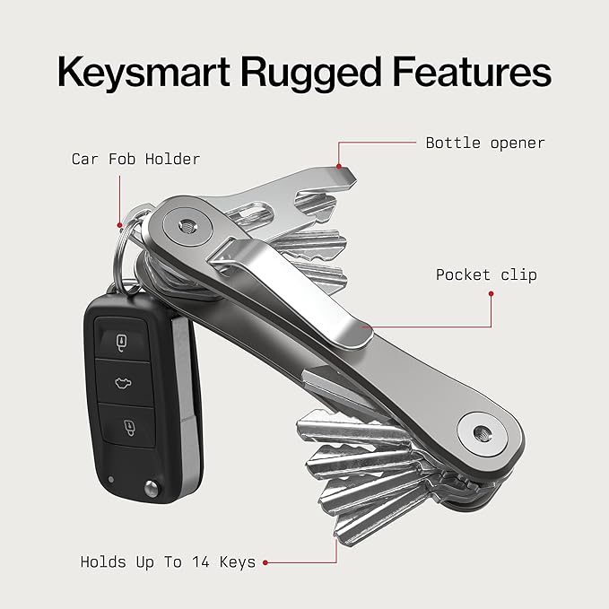 KeySmart Rugged - Multitool Key Holder for Keychain w/Bottle Opener and Pocket Clip, Organizer for Keys, EDC Keychains, Ring for Car Fobs Key Chains, Expandable (Up to 14 Keys, Titanium)