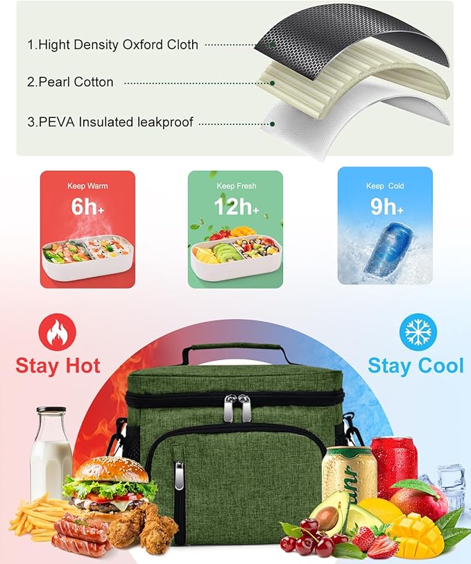 Insulated Lunch Bag for Men & Women, 9L Leakproof Lunch Box Soft Cooler Tote with 5 Pockets, 600D Oxford, EVA Lining, Adjustable Strap for Work, Picnic, Beach&Travel-Green