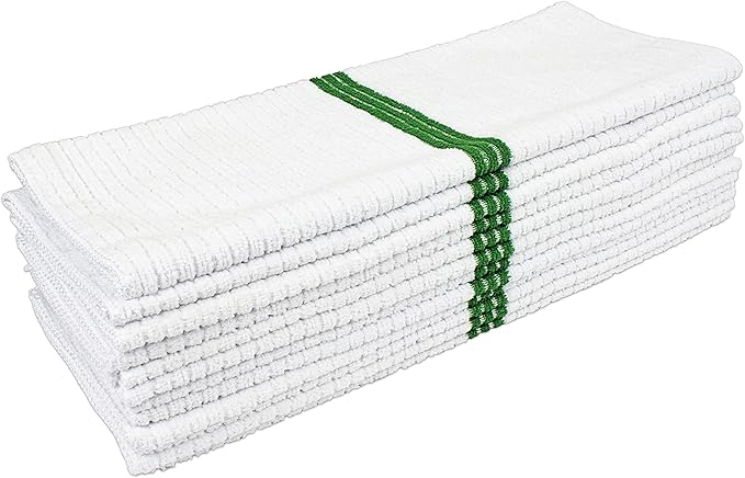 Nouvelle Legende Ribbed Microfiber Bar Mop Towels, Super Absorbent, Cleaning & Drying Cloths, Lint-Free, Streak-Free for Kitchen, Home & Auto, 14x18 Inch, 12-Pack, Green Stripe