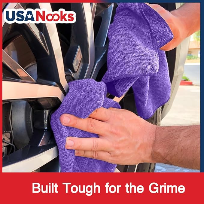 USANOOKS Microfiber Cleaning Cloth - Purple - 12Pcs (12.5x12.5 inch) High Performance - 1200 Washes, Ultra Absorbent Car Towel Traps Grime & Liquid for Streak-Free Mirror Shine - Car Washing Cloth