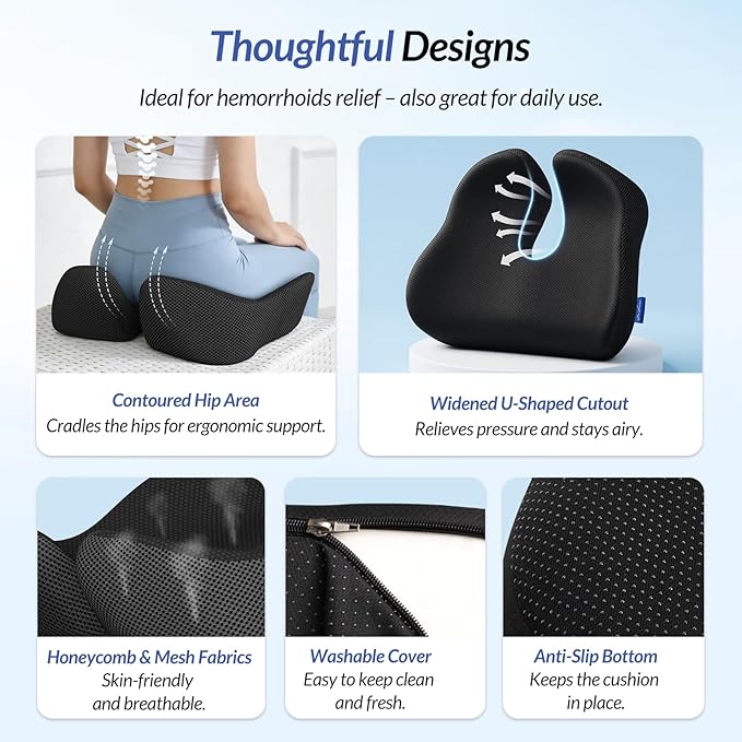 ZIKEE Thickened Seat Cushion, Ergonomic Memory Foam Hemorrhoid Pillow for Hip, Sciatica, Long Sitting Relief, 6.0" Thick Office Chair Cushion with Widened Cutout for Tailbone Pain Relief in Car, Home