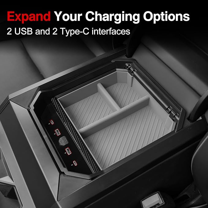 Center Console Organizer Tray Compatible with Tesla Cybertruck 2025 2026 2024,Armrest Storage Tray with USB Expansion Docks for Cybertruck Accessories