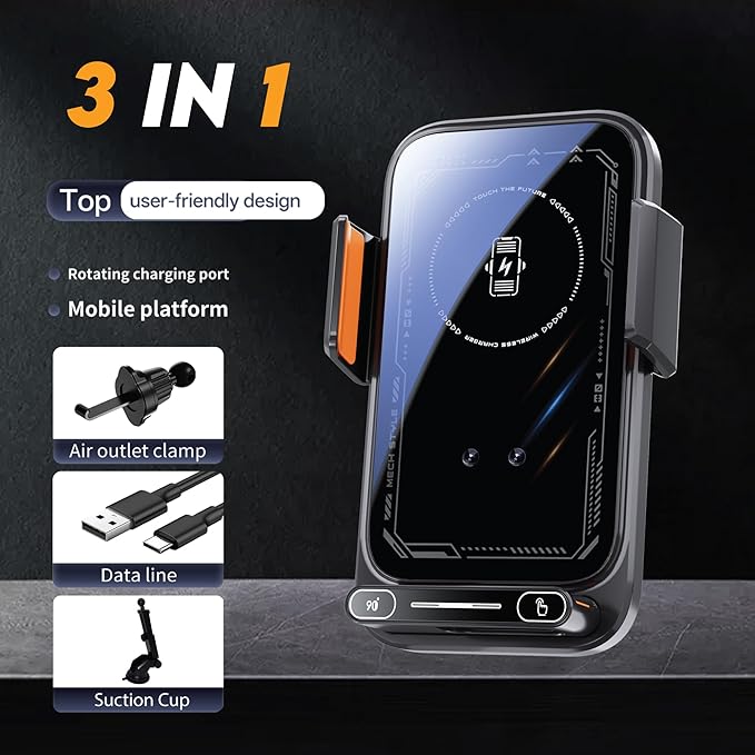 15W Wireless Car Charger & Auto Rotating Car Phone Holder MagSafe Compatible with LED Lights, Gesture Control Clamping, Auto Arm Opening, Built-In Battery, Dual Mount Options for Vent or Dashboard