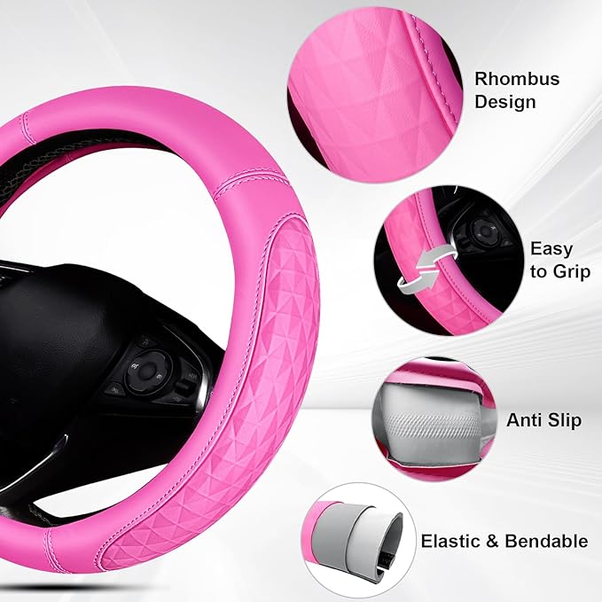 CAR PASS 3D Rhombus Pink Leather Steering Wheel Cover Car Accessories Set, Center Console Armrest Cushion with Storage Bags 2 Non-Slip Cup Coasters, 14.5-15in Cute Car Interior Sets, 4 PCS Hot Pink