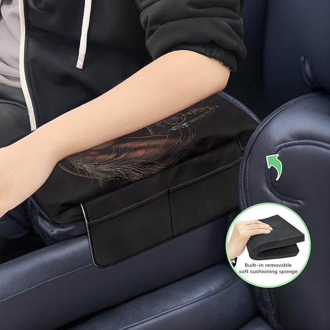 Wanyint Brown Horse Dream Catcher Auto Center Console Cover Armrest Seat Box Pad Protector with Side Storage Pocket Middle Console Pad Arm Rest Protective Cover Car Interior Protection