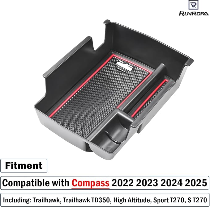 RUNROAD Center Console Organizer Tray Compatible with Jeep Compass 2022 2023 2024 2025 Accessories, Coin Holder Armrest Tray Secondary Storage Box Insert Console Organizer Card, Red (NOT For Ltd)