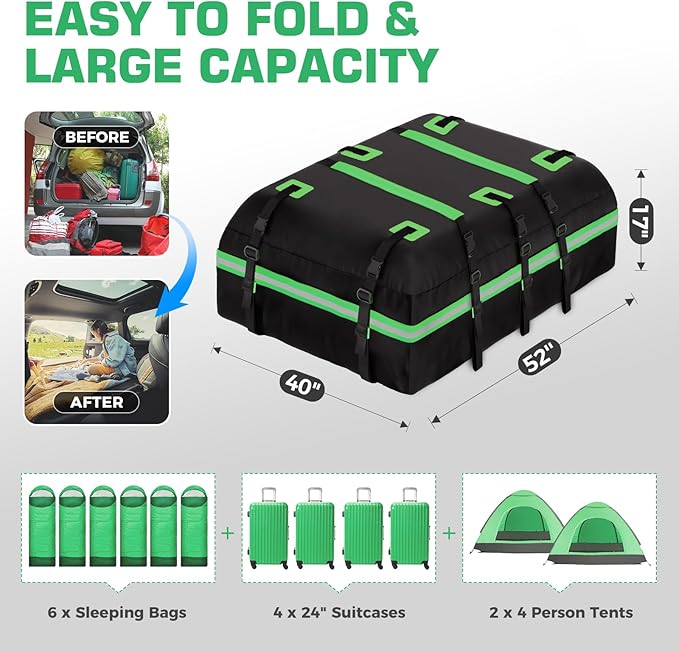 Car Rooftop Cargo Carrier Bag, Waterproof 20 Cubic Feet Car Roof Bag for All Vehicle with/Without Racks -Anti-Slip Mat, 8 Reinforced Straps, 6 Door Hooks,2 Extra Straps, Luggage Locks (Green)