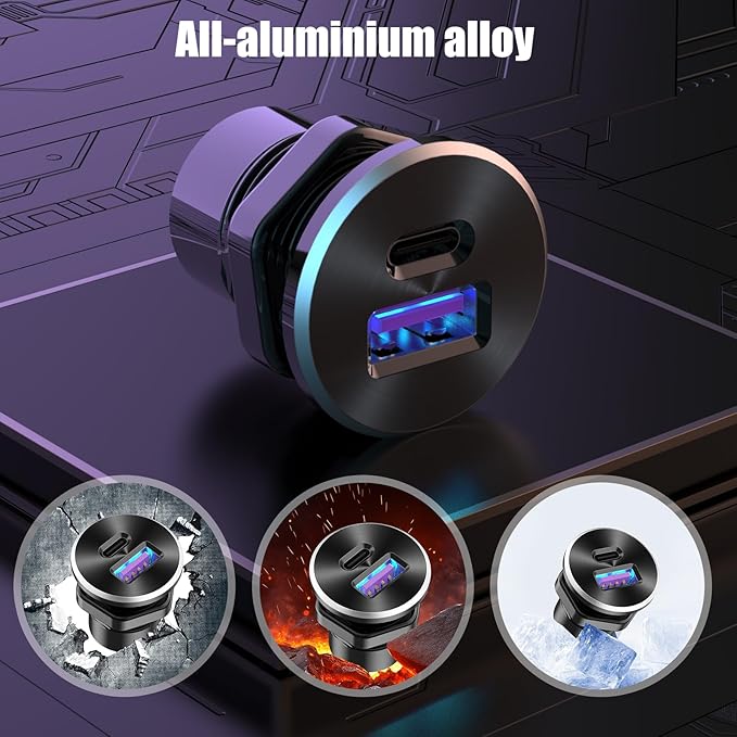 Mini 12V USB Outlet Aluminum Car Charger with PD30W and QC 18W Ports, 22mm Diameter Flush-Mounted Pre-Wired Cigarette Lighter Replacement Charger Socket for Car Boat RV Truck Motorcycle, etc.