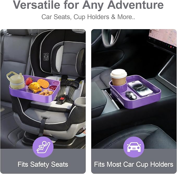 Car Seat Snack Tray for Toddlers - 3 Inch Cup Holder Fits Most Sippy Cups & Straw Bottles with Dip Well, Mess-Free Square Kids Travel Tray Road Trip Essentials, Purple