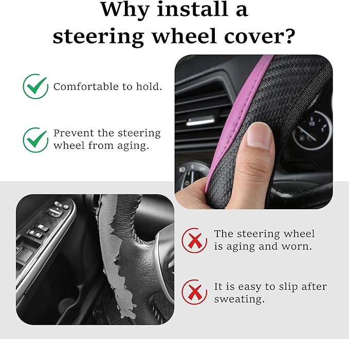 Car Steering Wheel Cover, 15 inch Carbon Fiber Microfiber Anti-Slip Breathable PU Leather Elastic Steering Wheel Protector, Car Interior Accessories for Most Cars (Pink)