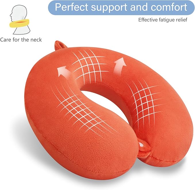 Orange Memory Foam Velvet Travel Neck Pillow for Airplane Car Train
