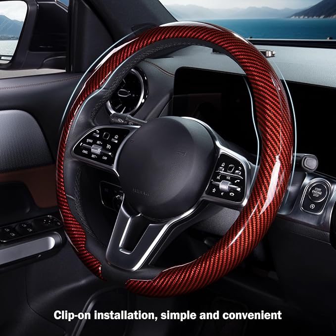 Car Steering Wheel Cover Carbon Fiber Snap On Steering Wheel Accessories Wrap 14.5-15 inch Universal Grip Anti-Skid Protector, Glossy Red