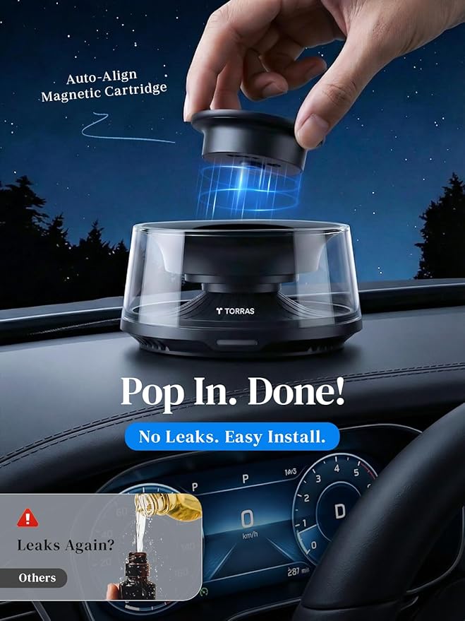 TORRAS Smart Car Air Fresheners Diffuser, The First App Control Car Freshener, Solar & USB-C Charging, Auto ON/Off, Cherry Blossom & White Musk, Lasts Up to 6 Months, CF20 Pro Fragrance Diffuser