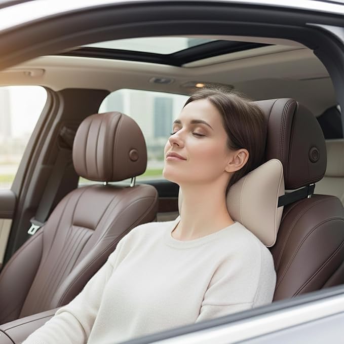 Car Pillow for Car Neck Pillow for Driving Seat Leather Neck Support Soft Cushion Support Head-Rests for Vehicle Sleeping with Elastic Adjustment Strap 2PCS (Neck, Beige)