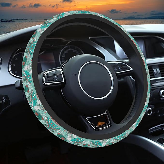 Green and Red Fan Steering Wheel Cover, Cute Print Steering Wheel Cover Protector, Ultra Thin Breathable Non-Slip, Car Accessories for Women, for Steering Wheel with a Diameter of 14.5"-15"