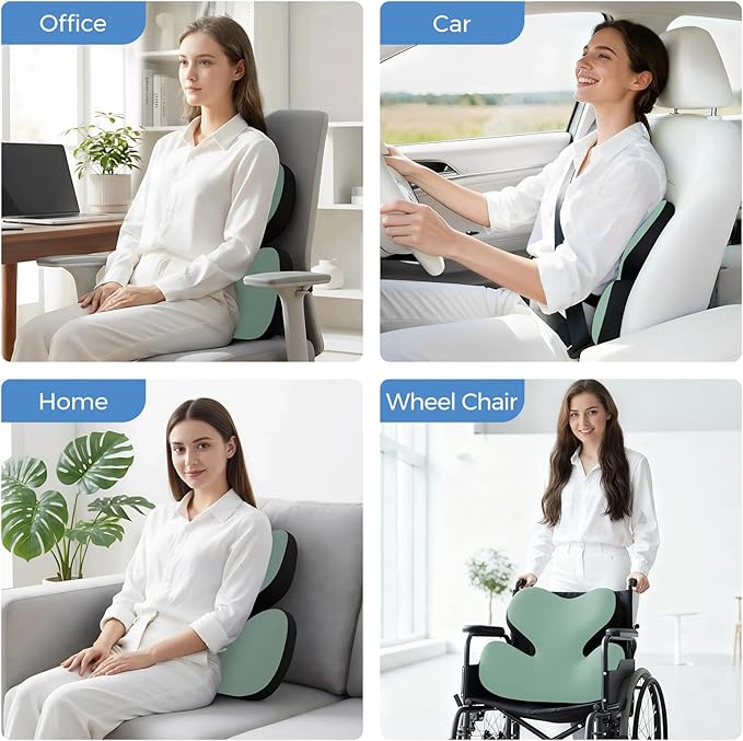 BEBAS Lumbar Support Pillow for Car, Ergonomic Memory Foam Back Cushion for Driving, Lower Back Support for Pain Relief, Lumbar Cushion for Car Seats, Office Chairs, Wheelchairs - Green