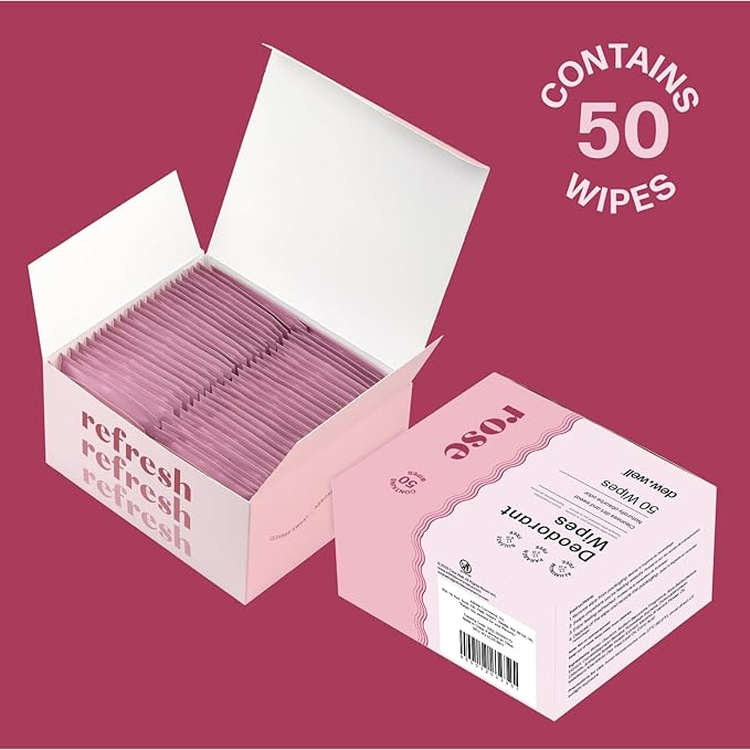 Dew Well Deodorant Wipes - Individually Wrapped Armpit Wipes - Aluminum Free Body Sheets with Natural Extracts - Rose Towelette for Travel - 50 Count, Pack of 1, Rose