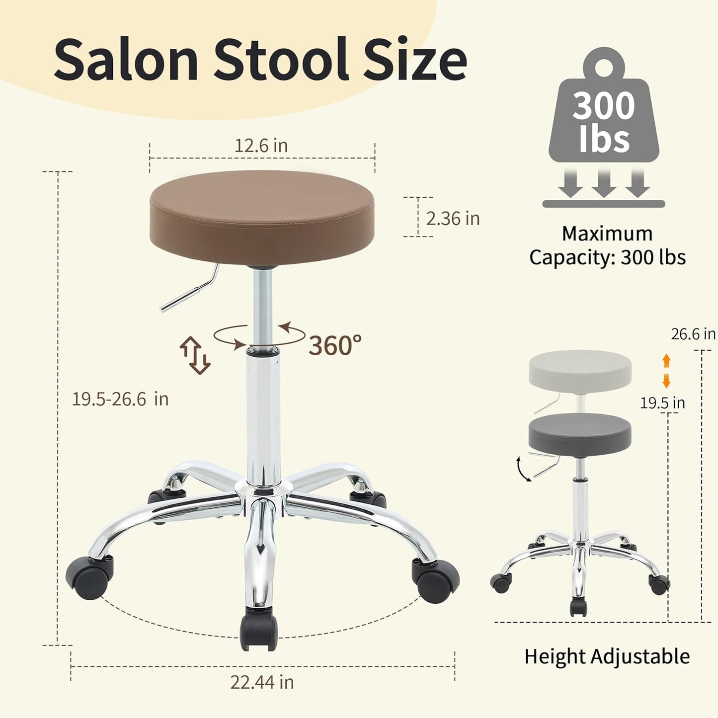 Salon Rolling Chair, Adjustable Stools with Wheels 19.5’’-26.6’’, Coffee Brown Hair Cutting Stool (Coffee Brown)