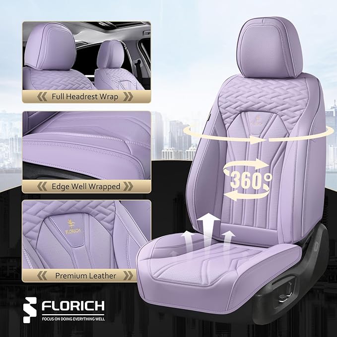 FLORICH Leather Seat Covers Full Set Purple Car Seat Cover Full Coverage Seat Covers Front Seats and Rear Waterproof Car Seat Cushion Protector Universal Fit for Most Cars Trucks SUVs