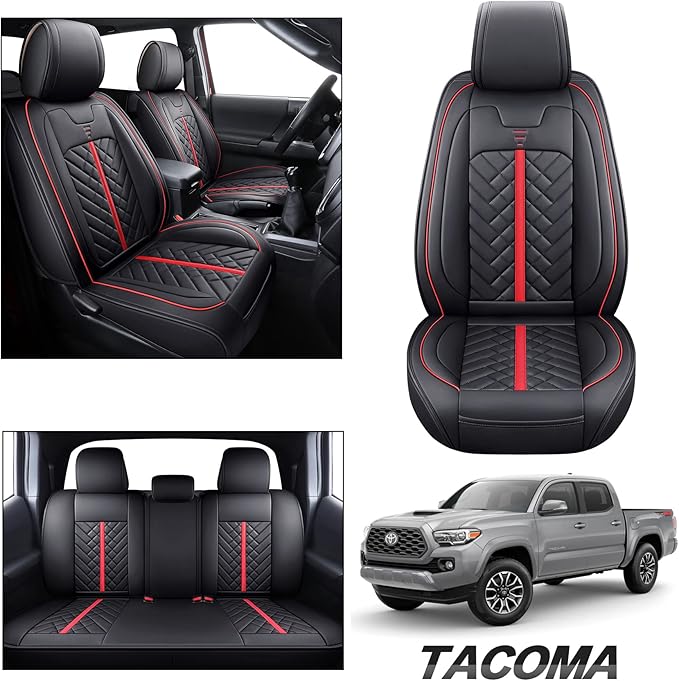 Tomatoman Tacoma Seat Covers Compatible with Toyota Tacoma 2005-2024 2025 2026 Truck Access Crew Double Extended Cab TRD Sport Offroad Limited SR5 V6 Airbag Compatible Car Cushions(Full Set/Black-Red)