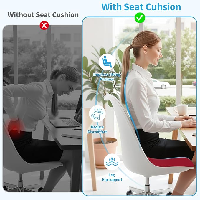 XLarge Seat Cushion, Memory Foam Cushion for Long Sitting Hours on Office Chair, Home & Car, Non-Slip Chair Pad for Relieving Back & Sciatica & Hip & Coccyx Pain (Red)
