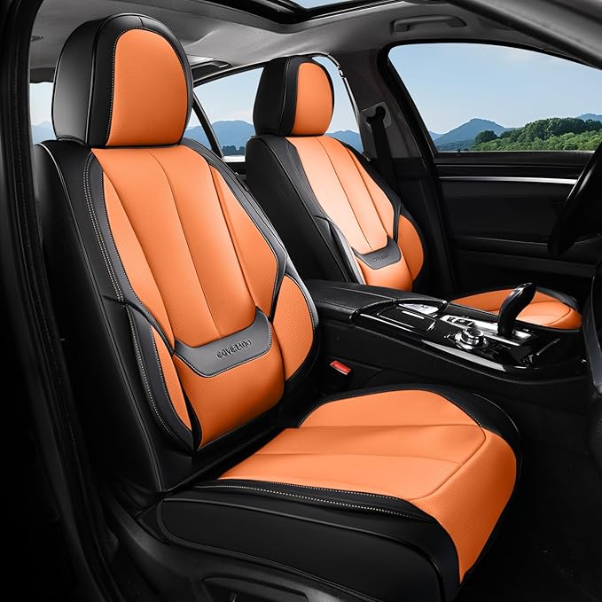 Coverado Seat Covers, Car Seat Covers Full Set, Leather Seat Covers for Cars, Car Seat Protector, Black Car Seat Covers Front Seats and Back Seats Universal Fit for Most Cars Orange