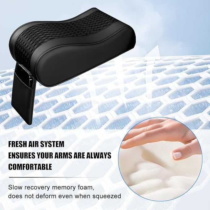 Car Armrest Cushion, Soft Memory Foam Leather Vehicle Armrest Pillow with Storage Bag, Multifunctional Automotive Interior Center Console Arm Rest Pad, Universal for Most Vehicles (Black)