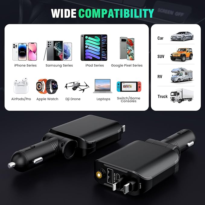 Retractable Car Charger with Starlight, 4 in 1 [120W] USB C for iPhone and Android Car Charger Fast Charging, Compatible with iPhone 16/15/14/13/12/11, Valentines Gifts for Women Men (Black)