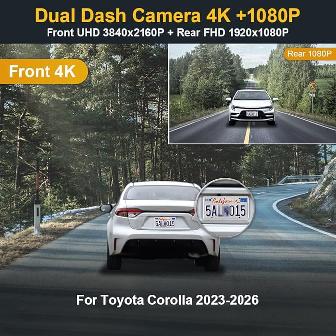 Fitcamx Front 4K+Rear 1080P Dash Cam Adapts for Toyota Corolla 2023-2026 Sedan Hybrid Hatchback, Integrated OEM Look, 2 Way HD Video, WiFi & APP, Loop Recording, G-Sensor, Easy to Use, 128GB Card