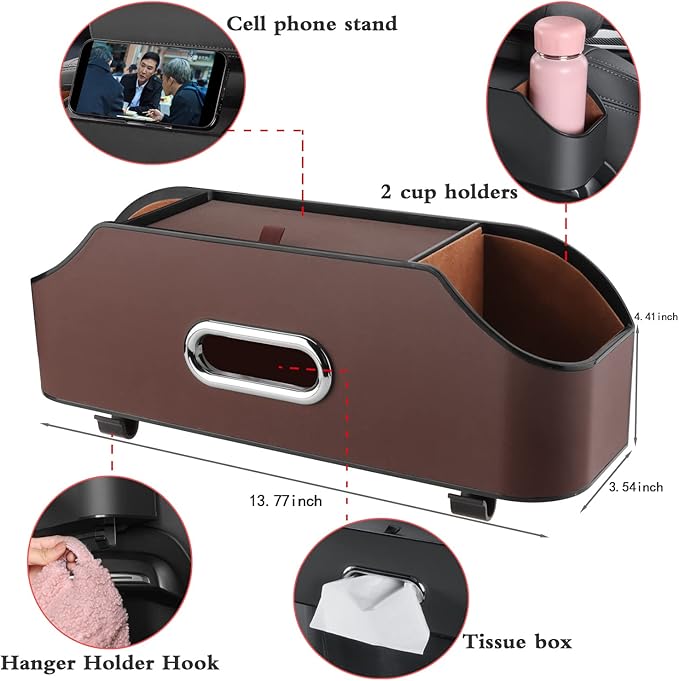 HOLDCY Car Back Seat Organizer with 2 Drink Cup Holder - Tissue Box and Storage Box Hook - Multi-functional Storage - Great for Kids and Travel (Brown)