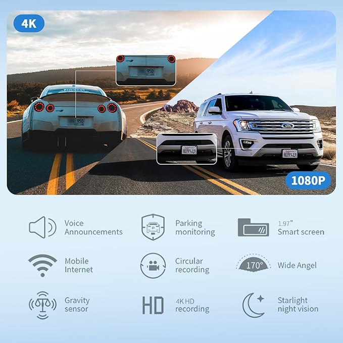 4K Dash Cam Front and Rear Dashcams for Cars, G-Sensor,Built in WiFi with APP, HD Loop Recording, Night Vision, Wide Angle, WDR, Parking Mode
