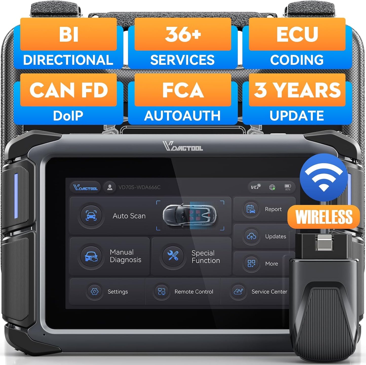 Bidirectional Scan Tool VDIAGTOOL VD70S, 2025 Wireless OBD2 Scanner Diagnostic Tool with 36+ Resets, All System Scanner for Car, FCA Autoauth, CAN FD & DoIP, ECU Coding, PMI, 3 Years Update