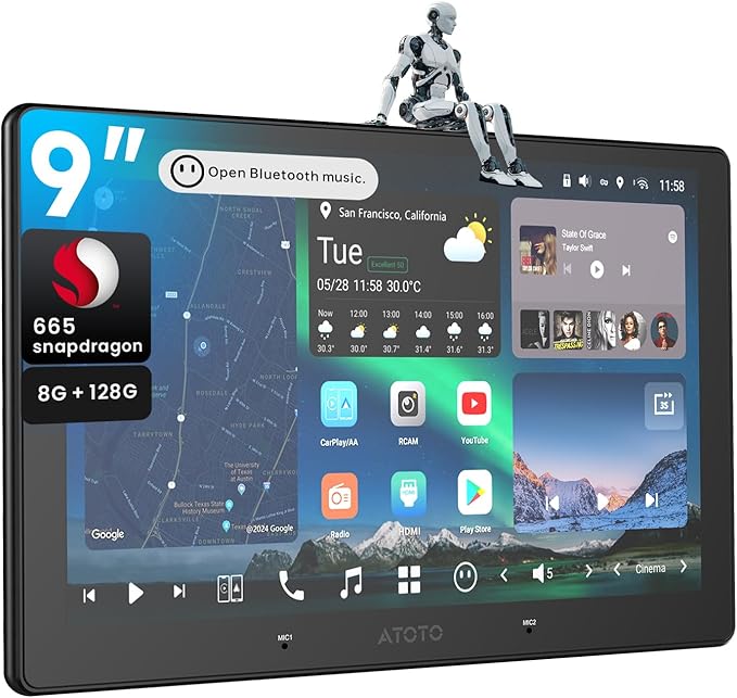 ATOTOZONE X10 9" Double DIN Car Stereo, 8G+128G Android Head Unit, AI Agent, Re-Mote Wake, Golden Hour Alert, AI Vision, 7.1.2-Ch Audio, Hi-Volt RCA, HDMI in, ADS Protocol,4G LTE, Wireless CP & AA