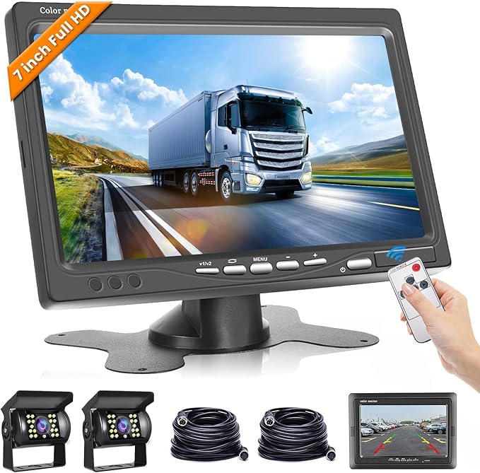 Hodozzy Dual Backup Camera Monitor System for RVs,-7 Inch LCD Screen with 2 Cameras, IP68 Waterproof, 18IR Night Vision, Rear View Camera 4-Pin Cable for Car, Truck/Trailer/Bus/Van/Caravan (12V-24V)