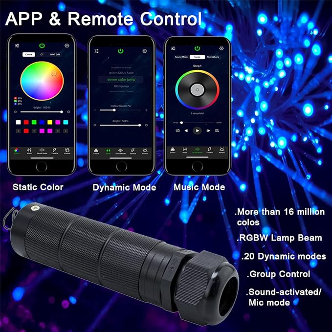 AZIMOM Car Use 6W RGBW Mixed430pcs 9.8ft Fiber Optic Lights Starlight Ceiling Light Kit End Glow Optic Cable Music Mode APP Remote Sensory Lighting Indoor Home Headliner Decoration
