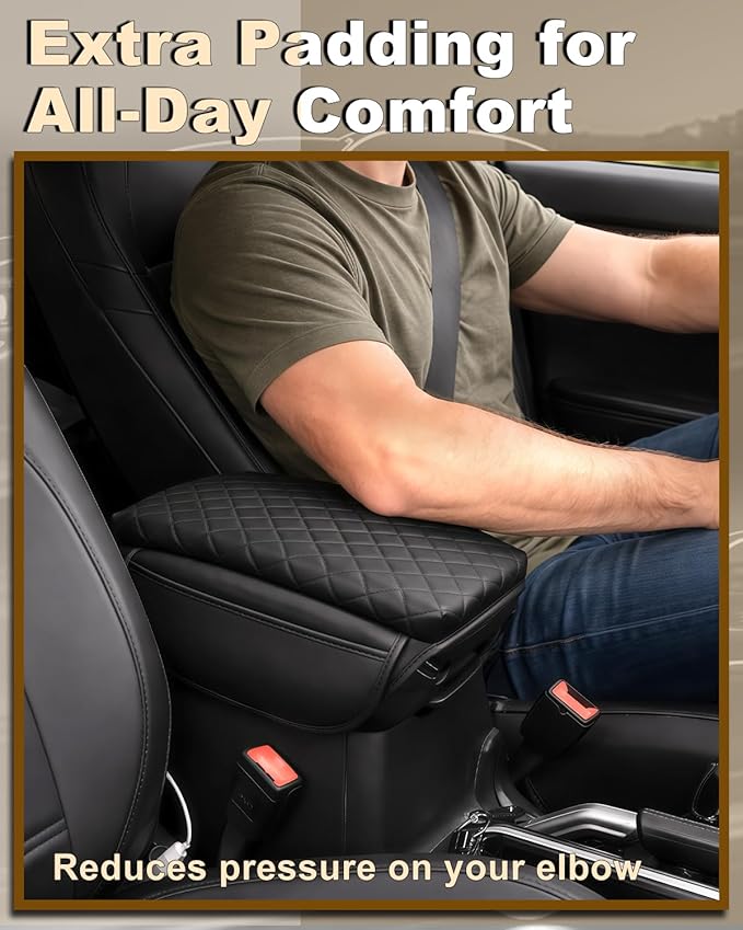 Armrest Cover for Jeep Wrangler JL Center Console Pad with Organizer Storage Pockets, Black Faux Leather Arm Rest Lid Cushion Accessories (2018-2026 Wrangler JL/Gladiator JT)