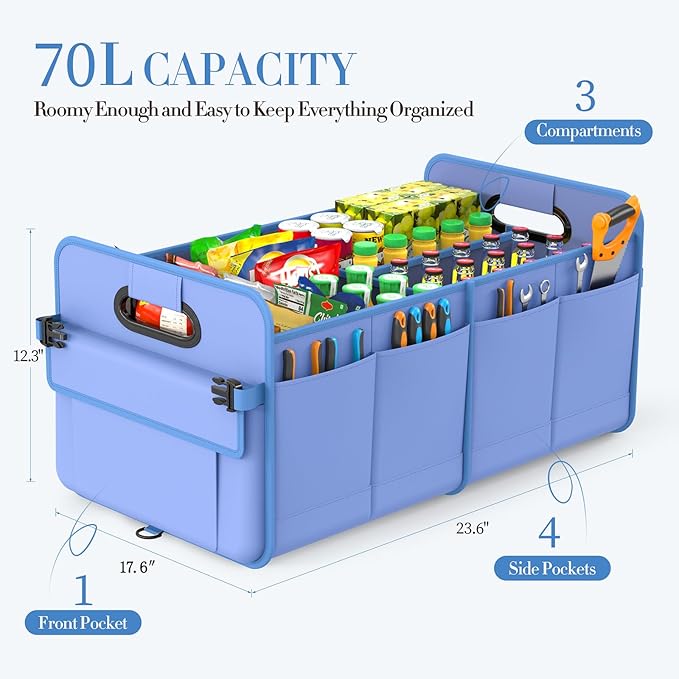 titiyiof Trunk Organizer For Suv & Sedan,Car Organizers and Storage, Waterproof Collapsible & Adjustable Straps,70L Sturdy Car Organization for Car Accessories, Tools,Sundries,2-3Compartment（Blue