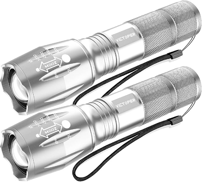 Victoper LED Flashlight 2 Pack Silver, Bright High Lumens Tactical Flashlights High Lumens with 5 Modes, Waterproof Zoomable Flash Light for Outdoor, Gifts for Hiking Camping Essentials Gear