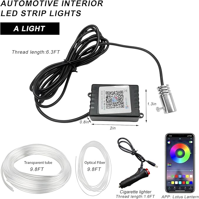 Interior Car LED Strip Lights with APP Control, RGB Ambient Lighting Kit with 118 inches Fiber Optic, 16 Million Colors Music Sync LED Vehicle Cigarette Lighter Neon Strip