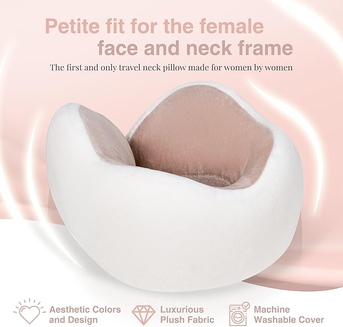 Women's Small Fitted Neck Pillow for Traveling, Memory Foam Travel Pillow, Travel Neck Pillows for Airplanes, Travel Essentials for Flying, Plane Pillow in Taupe and White
