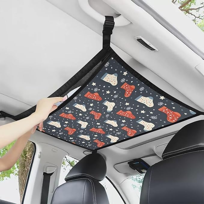 Generic Christmas Stockings Car Storage Mesh Organizer Ceiling Cargo Bag Double-Layer Adjustable Zipper Truck SUVs Travel Road Trip Essentials Interior Organizer Christmas Decor Gifts