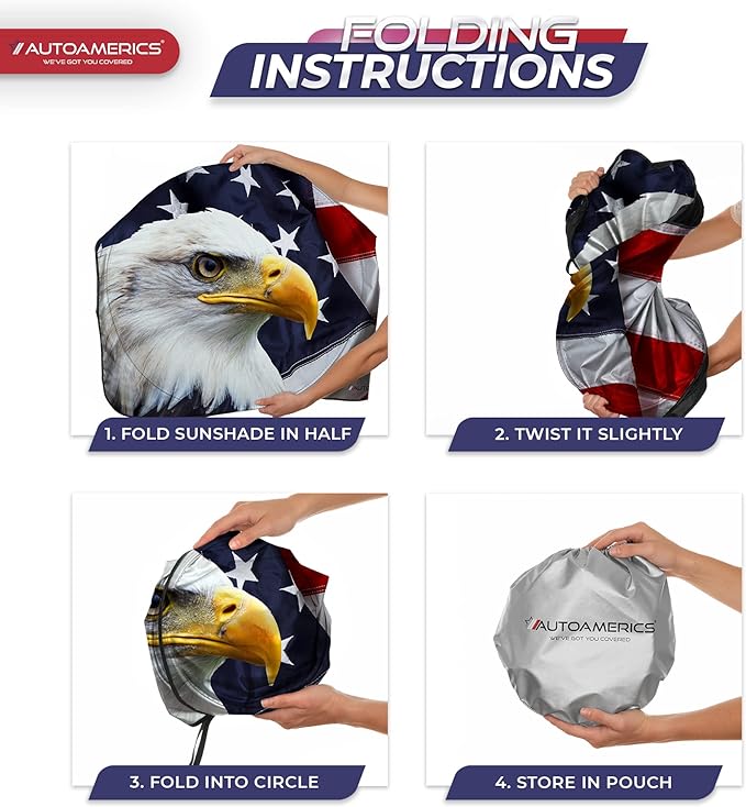 Autoamerics 1-Piece Windshield Sun Shade American Eagle Flag - 3 USA Patriotic Design - Foldable Car Front Window Sunshade for Sedans SUV Truck - Blocks Max UV Rays and Keeps Your Vehicle Cool Medium