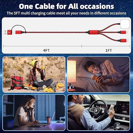 Travel Essentials 3in2 Multi Charging Cable for iPhone Watch Charger,USB A/C to Type C/IP/iWatch charger,Travel Chargers for Multiple Devices Compatible with iWatch Series&iPhone 16-12（2PACK,5FT）