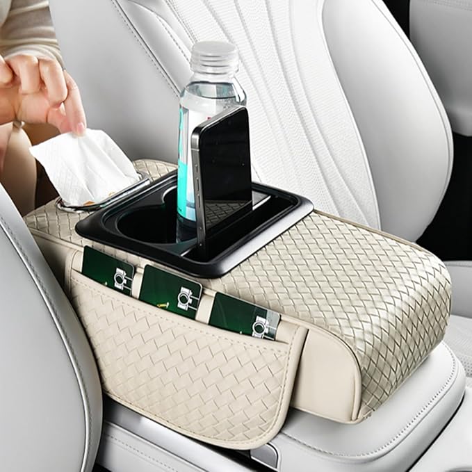 Car Armrest Cushion Cover Car Center Console Memory Foam Booster Pad with Storage Pocket and Tissue Hole for Sedan Vehicle (Cupholder - Orange, 13.39 * 7.68 * 2.95'' / 34 * 19.5 * 7.5cm)