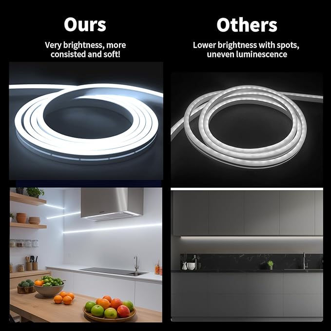 iNextStation 12V LED Strip Lights 16.4FT, Flexible Silicone Neon Rope Light, Waterproof, Cuttable, Dimmable & Linkable, for Cabinet, Ceiling, Wall, Bedroom, Kitchen (16.4FT(No Plug), White)