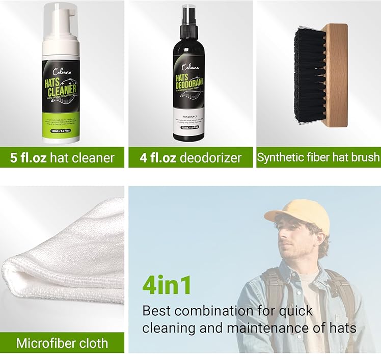 Calvana 4-in-1 Professional Hat Cleaning Kit, Quick-drying Cap Saver Cleaner, for Baseball Caps,Cowboy Hat, Felt Hat, Safe for Cotton, Wool, Polyester, 5oz Solution, Includes Towel and Brush
