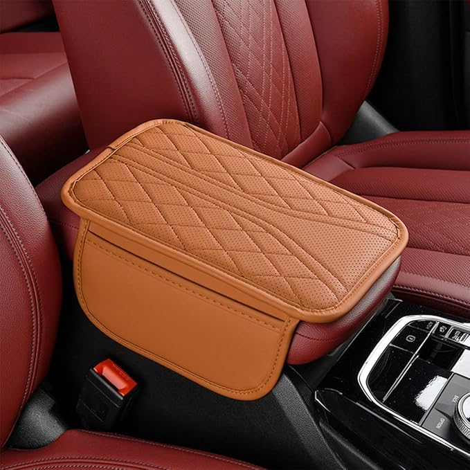 Car Center Console Cover, Leather Vehicle Armrest Box Pad with 2 Storage Bags, Automotive Interior Arm Rest Cushion Protector Accessories, Universal for SUV Sedan Truck (Brown)