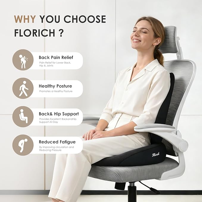 FLORICH Car Seat Cushion and Lumbar Support Pillow, Ergonomic Memory Foam Driving Seat Cushions for Back & Sciatica Pain Relief, Non-Slip Cushion for Car, Office, Truck, Wheelchair, Gaming Chair-Black